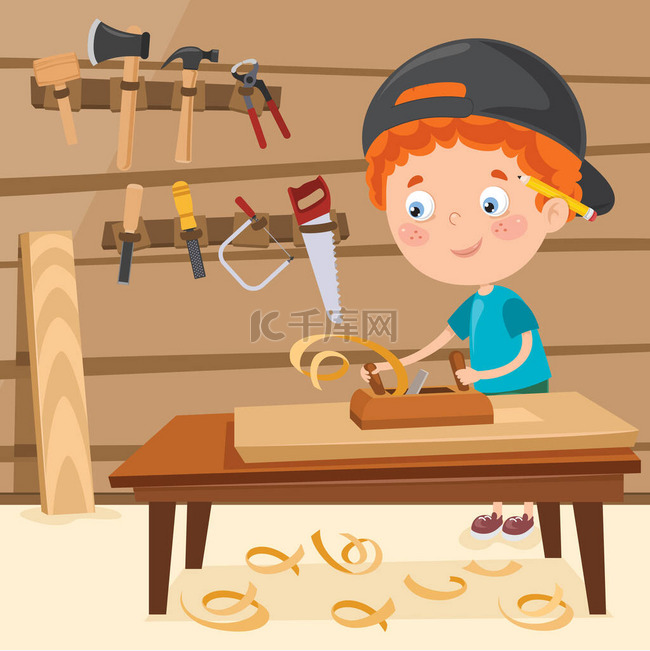 Little Cartoon Carpenter Working With Woods