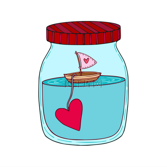 卡通手绘艺术的船与心脏在玻璃罐