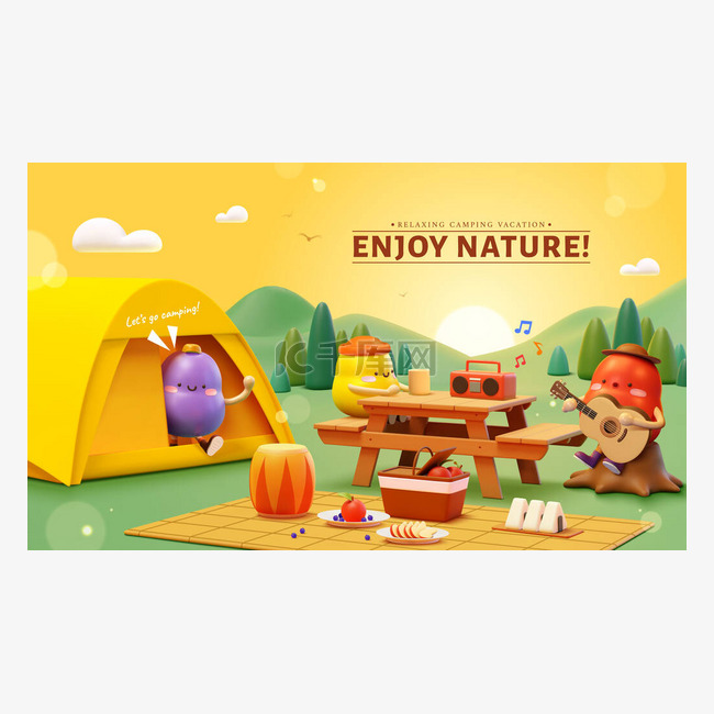 3D可爱的露营海报。令人赞叹的
