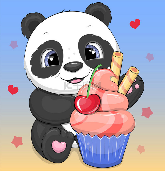 可爱的卡通熊猫与樱桃蛋糕。动物
