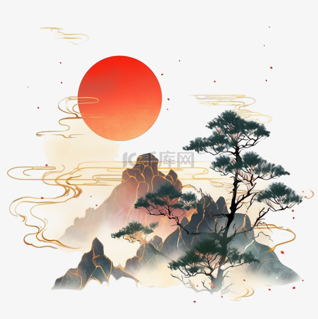 彩色松树山峰红日水彩画手绘元素