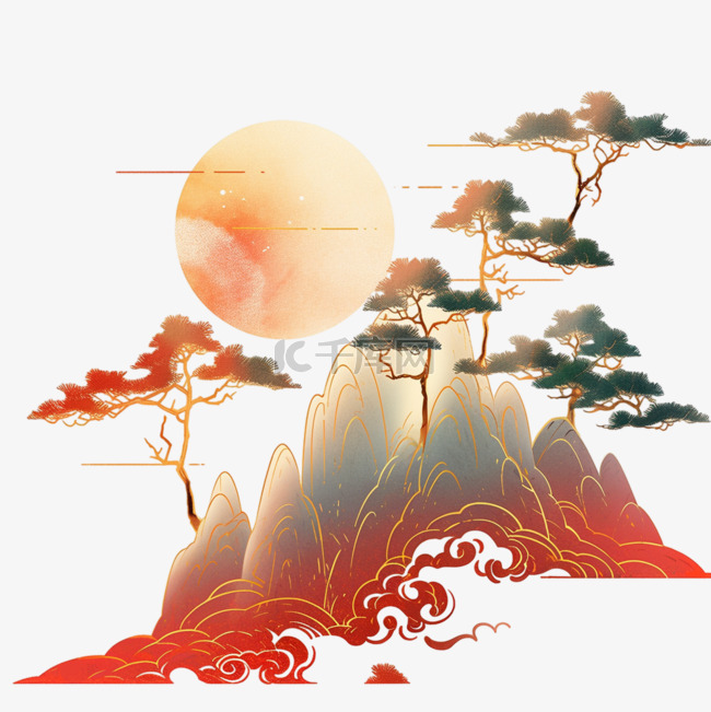 水彩画松树山峰红日手绘彩色元素