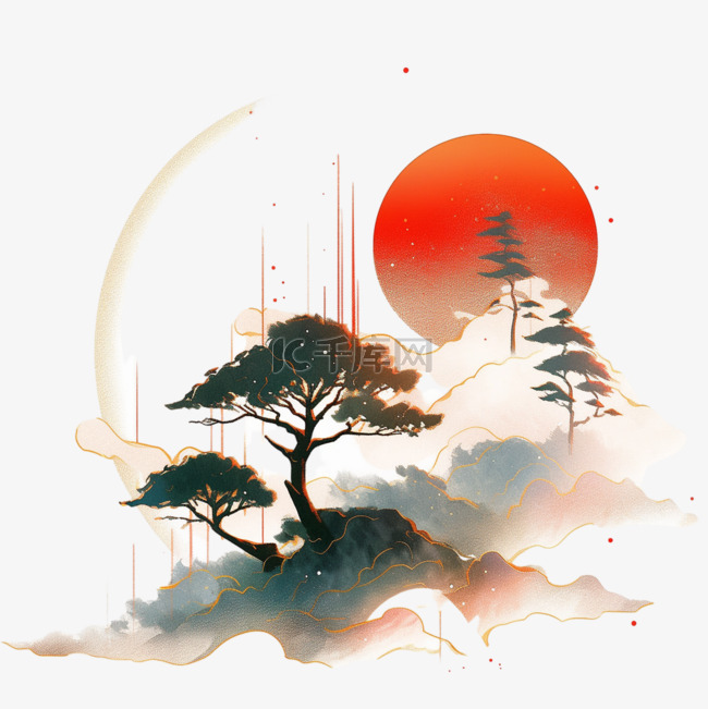 彩色水彩画红日松树山峰手绘元素
