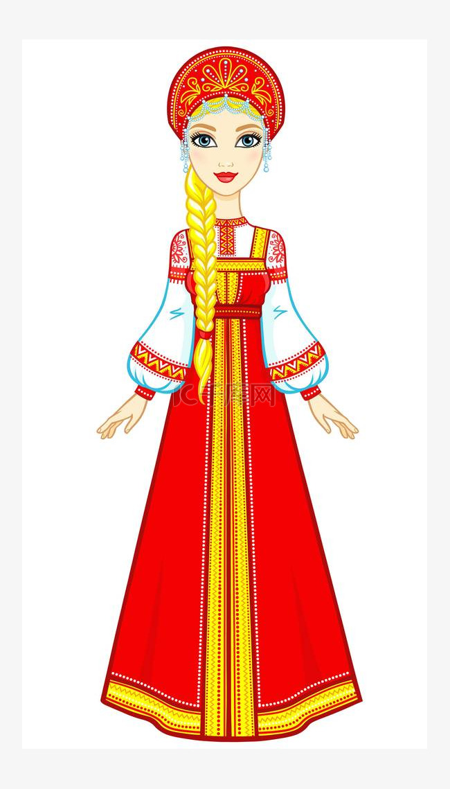 动画的古代服饰的俄罗斯女孩的画