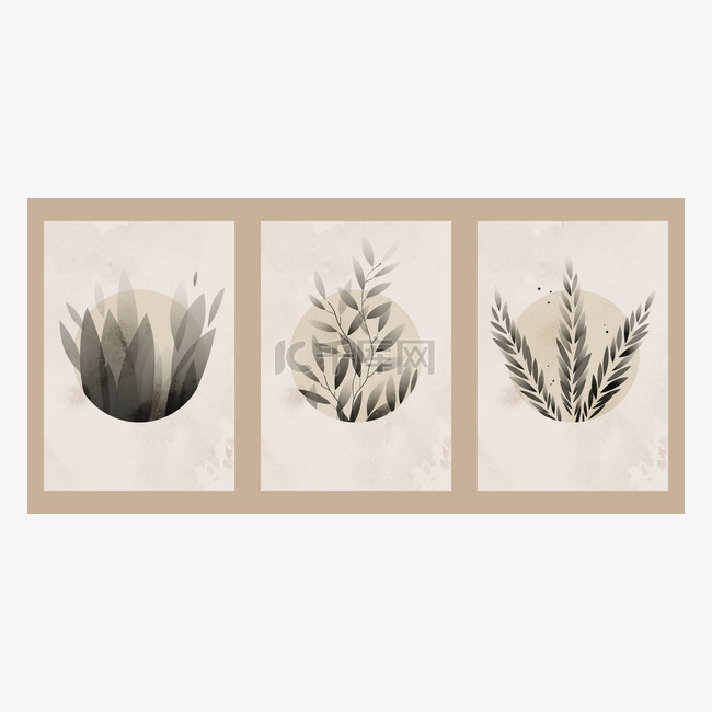 一组三幅抽象的简约美学花卉插图