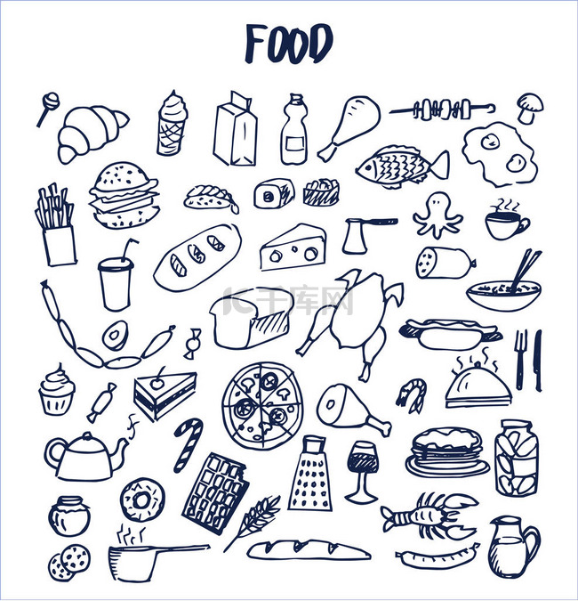许多食物图片手绘矢量插图