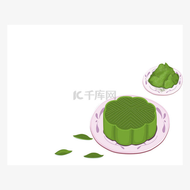 Mooncake matcha green tea flavour on plate with green tea leaves