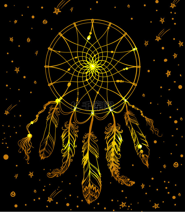 手绘金色美洲印第安人捉与羽毛 