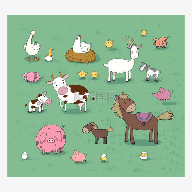 农场动物。 可爱的卡通马，牛和