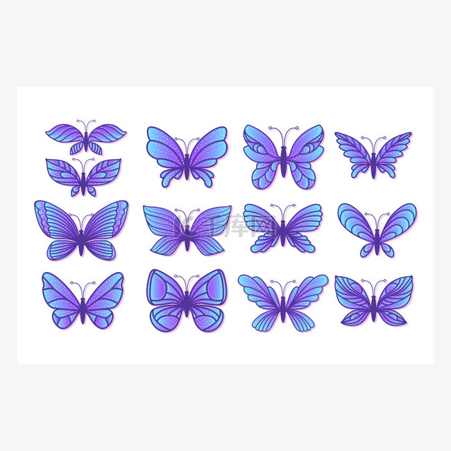 设置手绘蝴蝶与各种蓝色翅膀。 