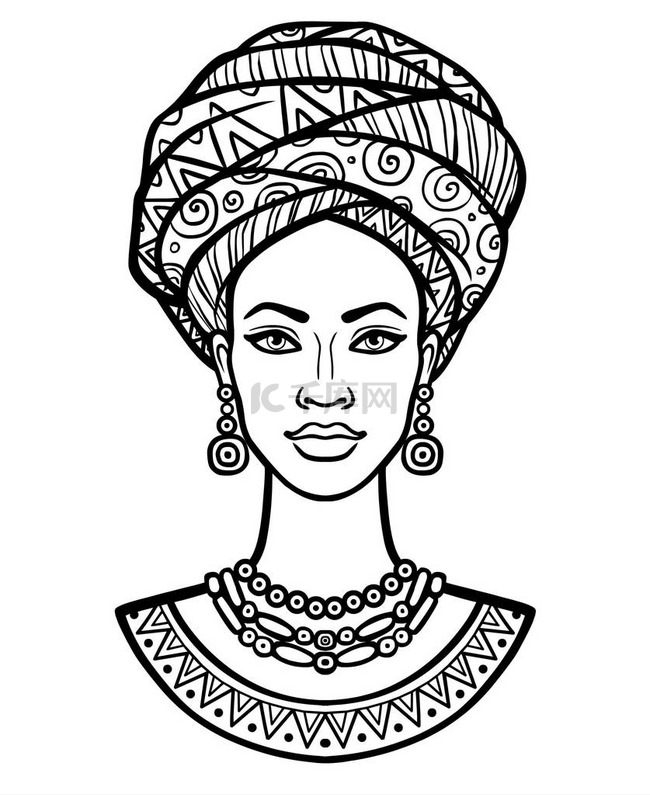 动画肖像的年轻的非洲女人的头巾