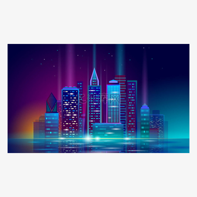 智能城市3d 霓虹灯闪耀的都市