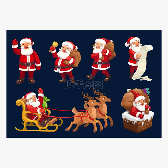 圣诞老人有礼品袋、铃铛、驯鹿雪