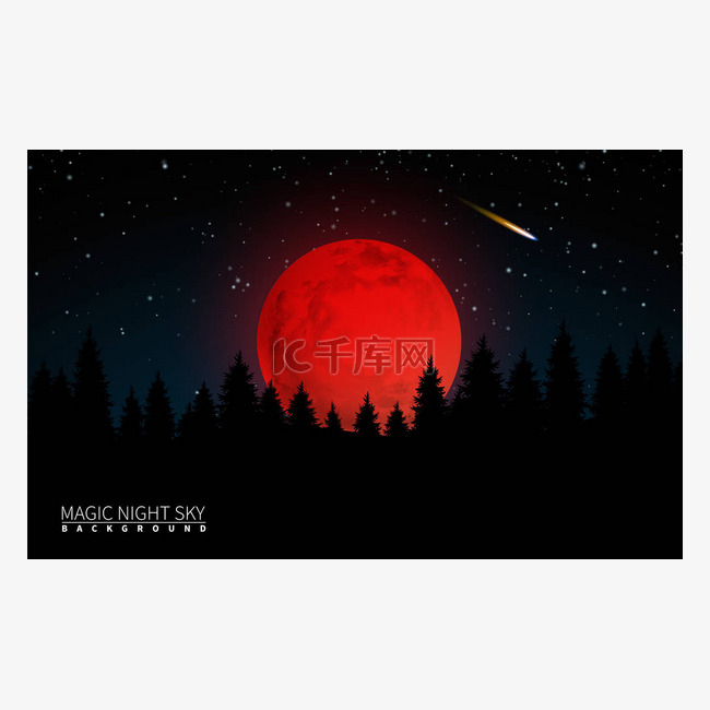 黑森林和大红月亮。矢量插画现代