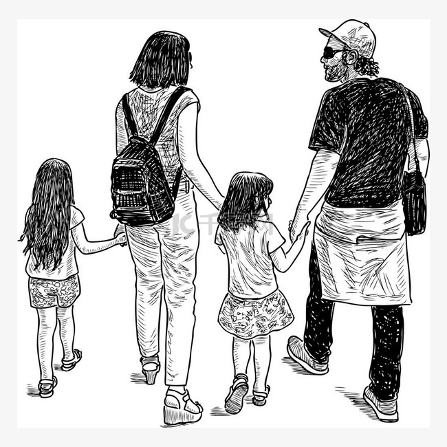 年轻的父母与他们的孩子去散步
