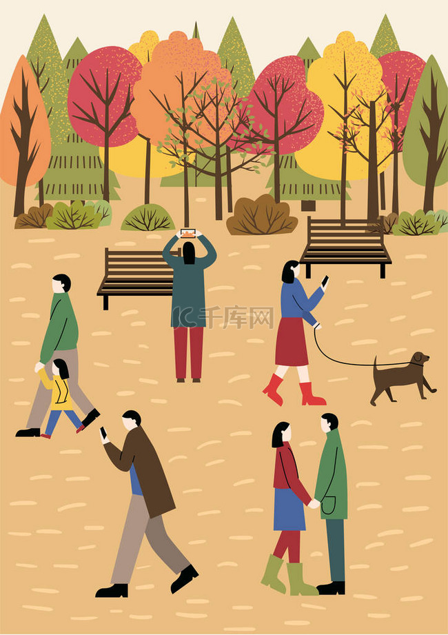 人们一起在秋天的城市公园里度过