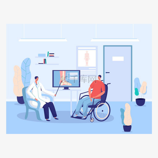 轮椅残疾患者、医院医生会诊、病
