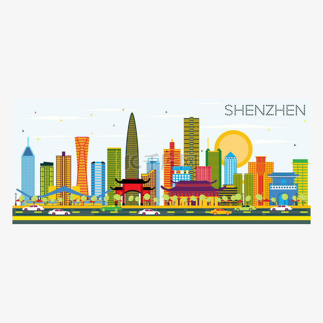深圳中国城市天际线与彩色建筑和