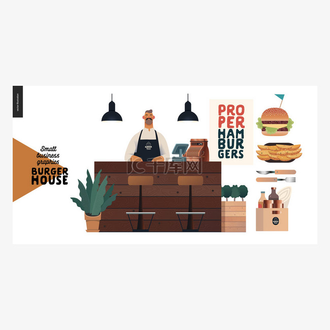 汉堡房.小企业图形.侍者和食品