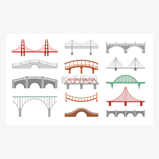 不同的桥梁平面矢量图集。在白色