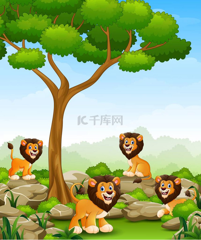 卡通狮子集团在丛林中