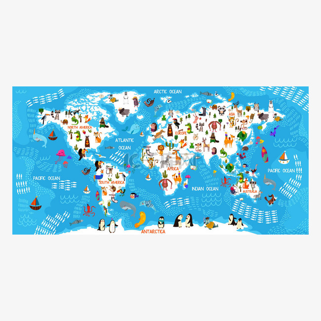 卡通动物世界地图。来自世界各地