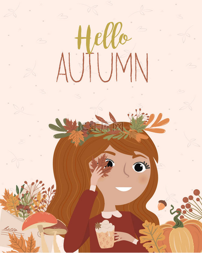 你好秋天卡片与女孩, 叶子和南