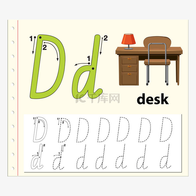 字母 d 跟踪字母表工作表插图
