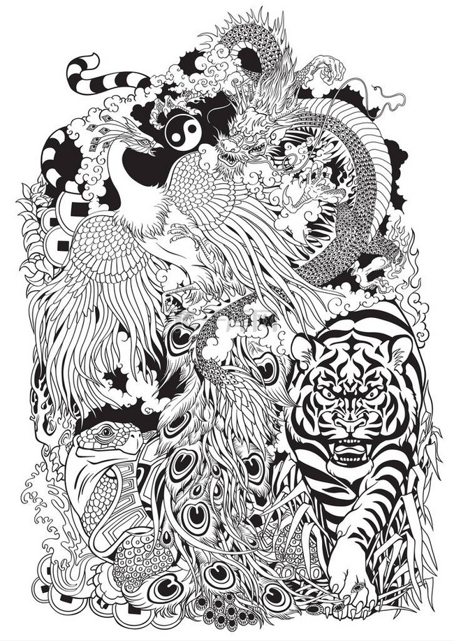 黑色和白色的四个天体动物插图