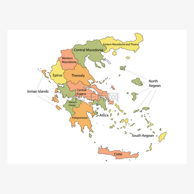 欧洲国家希腊标识色彩斑斓地区图