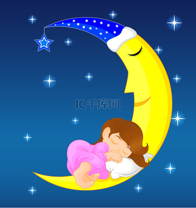 可爱的小女孩睡在月亮上