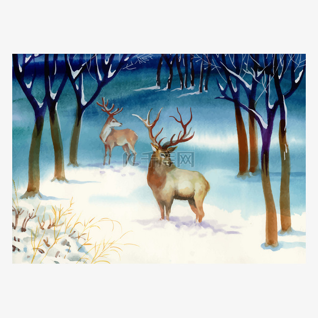 水彩冬季景观与鹿.