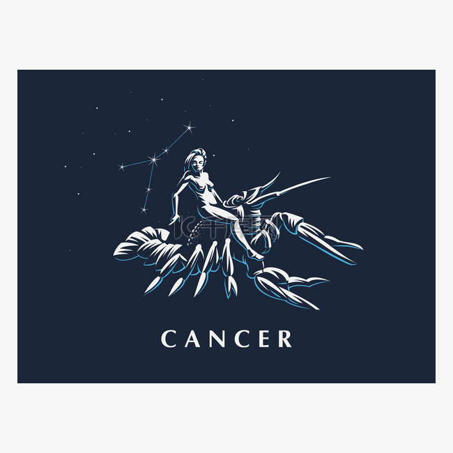星座癌症的标志。骑着小龙虾的女