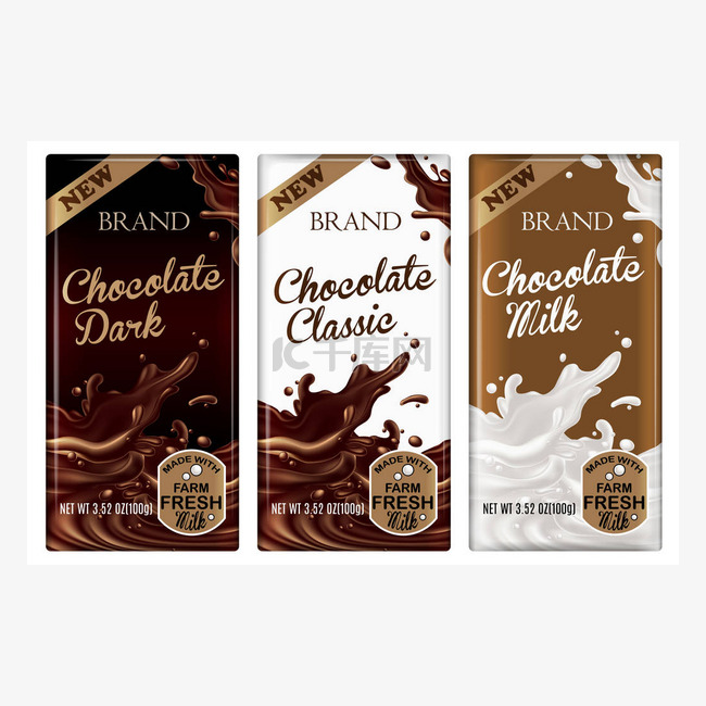 包装模拟了三种类型的巧克力, 
