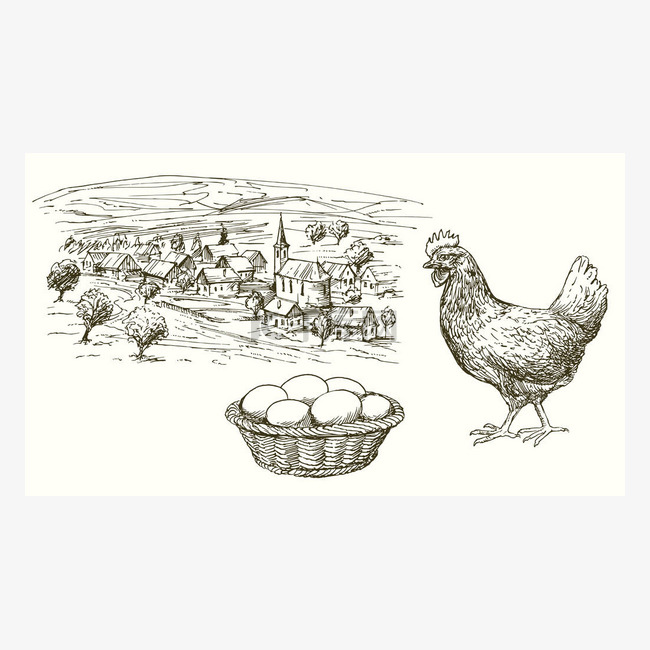 母鸡, 鸡, 蛋在篮子, 农村村庄.