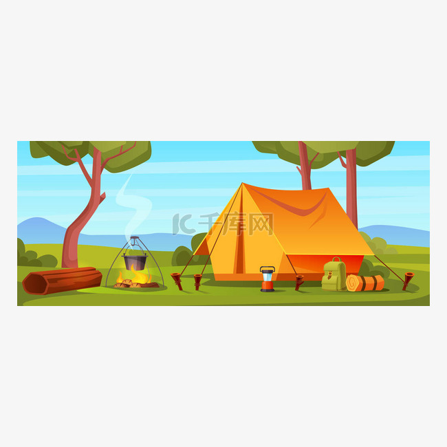 森林里的夏令营，篝火，帐篷，背