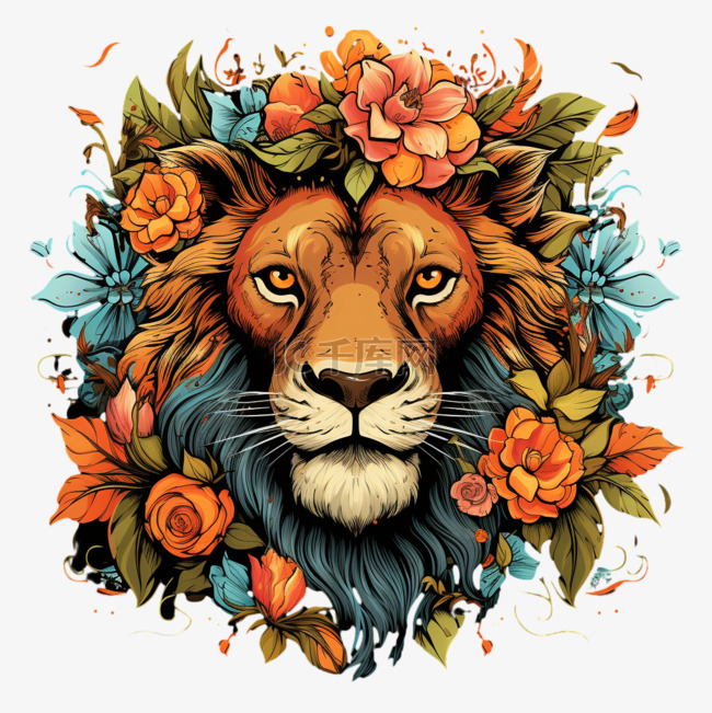 狮子装饰鲜花插画AI元素立体免