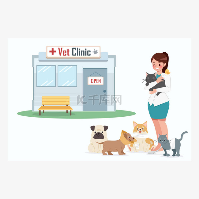 微笑的兽医医生与狗和猫靠近她与