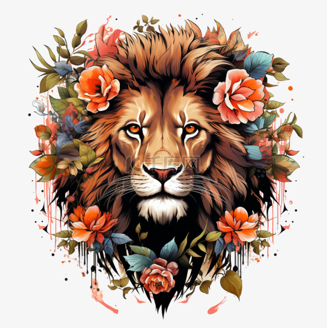 狮子手绘鲜花插画AI元素立体免