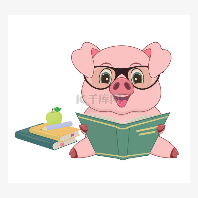 可爱的卡通猪与眼镜和书籍旁边铅