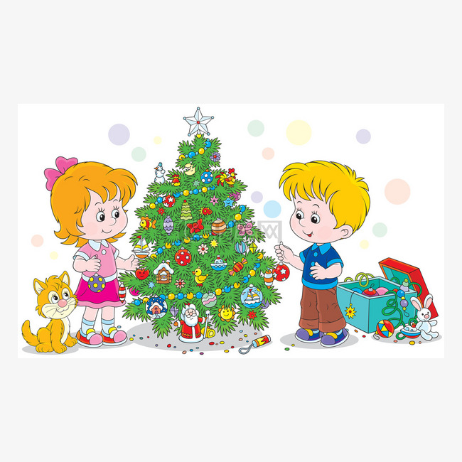 孩子装饰一棵圣诞树