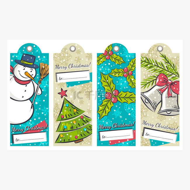老式圣诞节标签与雪人、 树、 