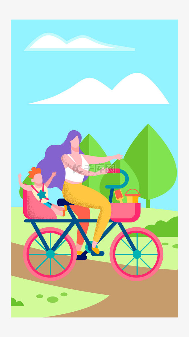 母亲和儿子在自行车平垂直横幅