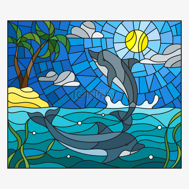 插图在彩色玻璃风格与海豚在背景