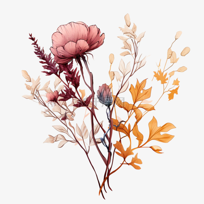 秋天插画花朵干花元素立体免扣图