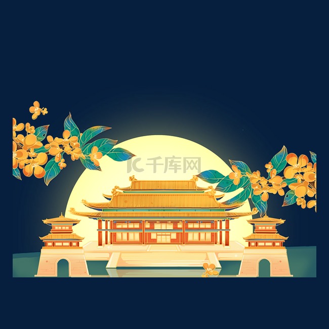 国潮中秋节古典建筑桂花装饰