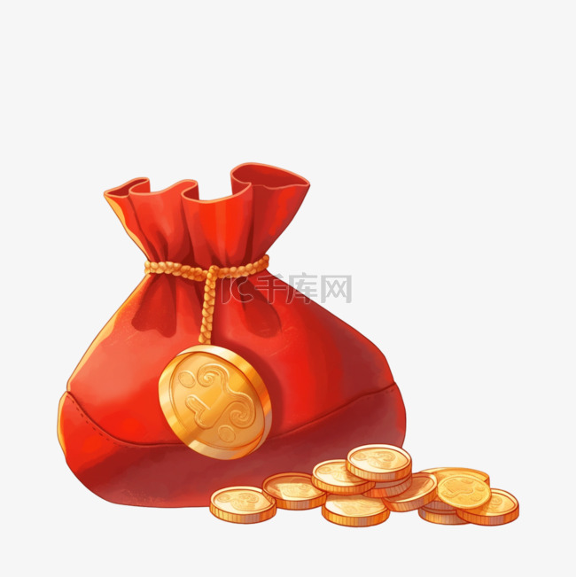 红色福袋金币元素手绘