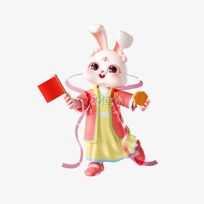 中秋国庆3D立体兔子拿红旗