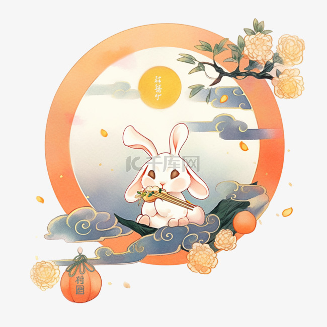 中秋节可爱的兔子手绘吃着月饼赏