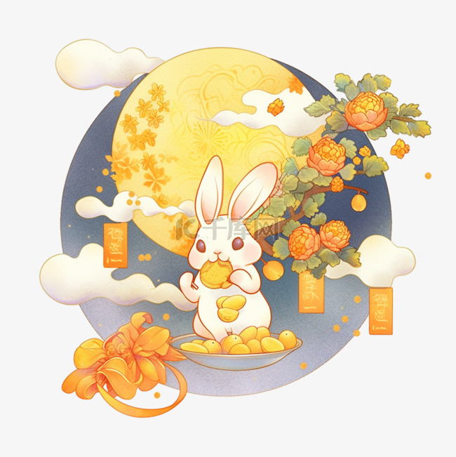 可爱的兔子吃着月饼赏月手绘中秋